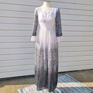 1970s Black and White Trumpet Sleeve Boho Maxi by The Ginger House Cottagecore